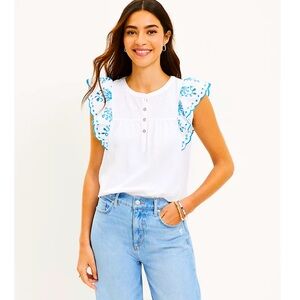NWT - Loft Eyelet Flutter Henley Mixed Media Top
